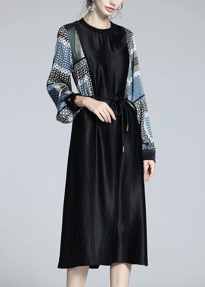 Black O-neck Print Patchwork Tie Waist Satin Vacation Long Dresses Long Sleeve Ly1056