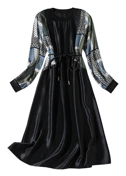 Black O-neck Print Patchwork Tie Waist Satin Vacation Long Dresses Long Sleeve Ly1056