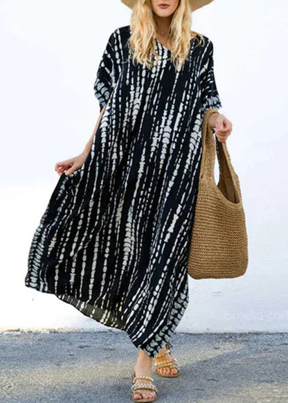Black O-neck Striped Side Open Maxi Dresses Short Sleeve Vb1035