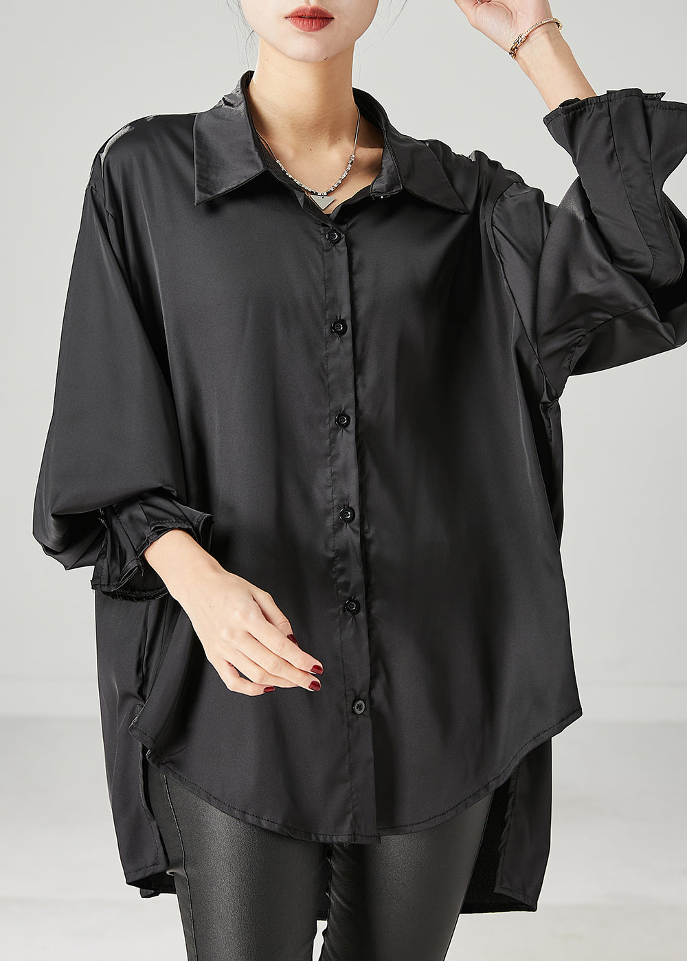 Black Oversized Draping Chiffon Blouses Spring Yu1051