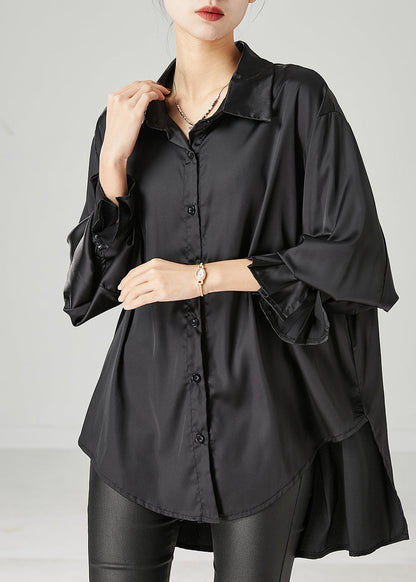 Black Oversized Draping Chiffon Blouses Spring Yu1051