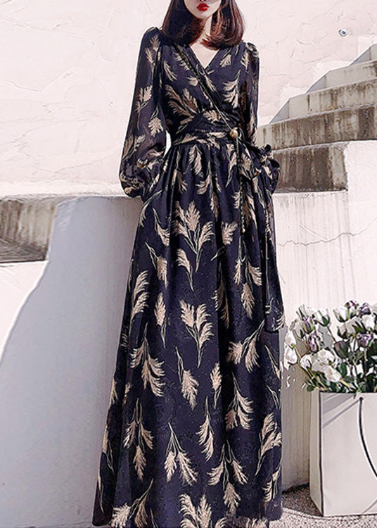 Black V Neck Print Slim Long Dress Long Sleeve Ly1721