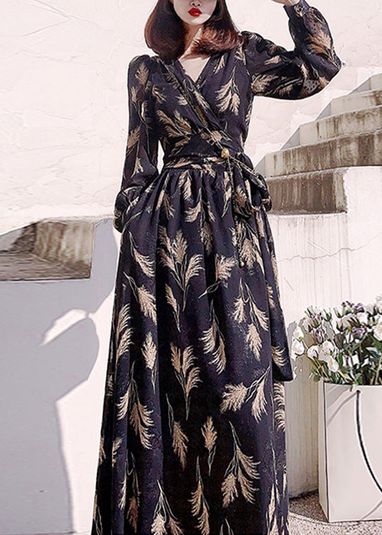 Black V Neck Print Slim Long Dress Long Sleeve Ly1721