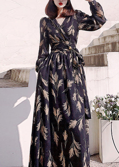 Black V Neck Print Slim Long Dress Long Sleeve Ly1721