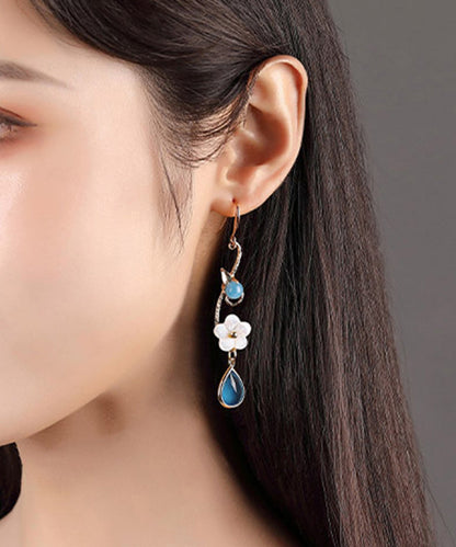 Blue Copper Crystal Coloured Glaze Pearl Shell Flowwer Water Drop Drop Earrings