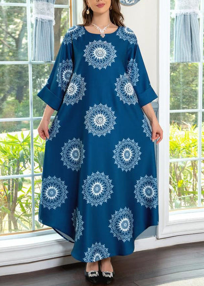 Blue O Neck Print Cotton Maxi Dresses Summer Aa1050