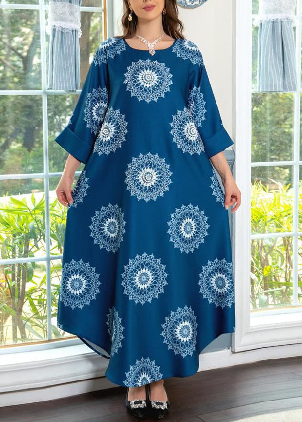 Blue O Neck Print Cotton Maxi Dresses Summer Aa1050