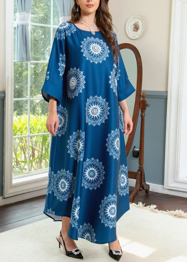 Blue O Neck Print Cotton Maxi Dresses Summer Aa1050