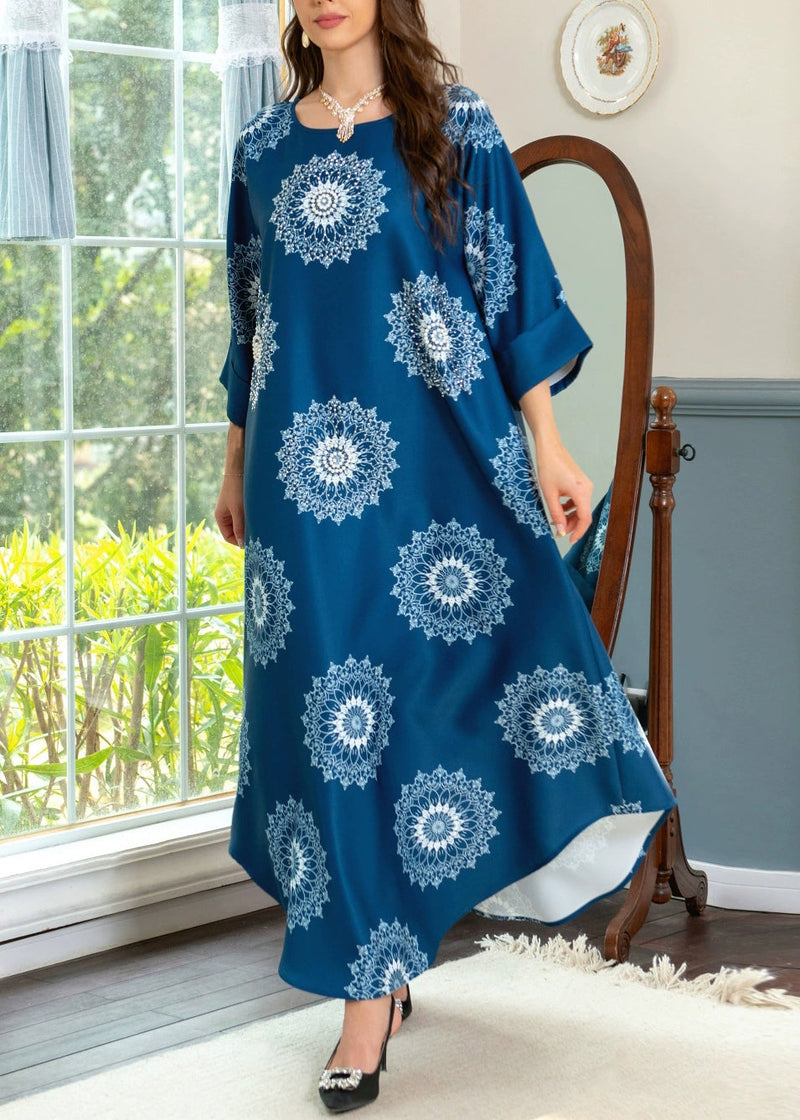 Blue O Neck Print Cotton Maxi Dresses Summer Aa1050