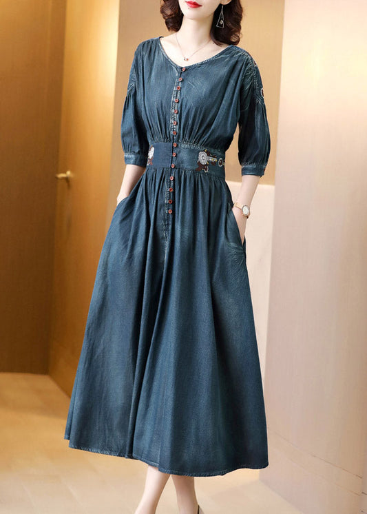 Blue O-neck Wrinkled Tunic Cotton Denim Maxi Dress Long Sleeve Ac2037