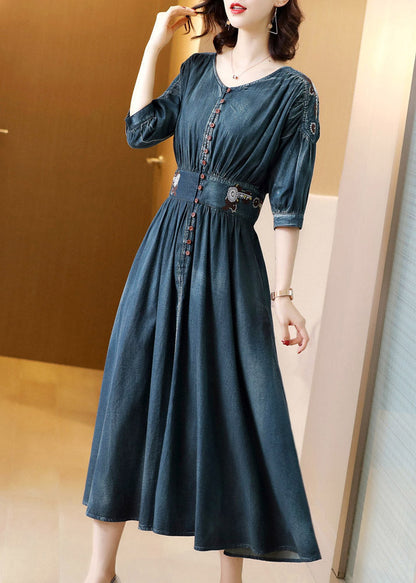 Blue O-neck Wrinkled Tunic Cotton Denim Maxi Dress Long Sleeve Ac2037