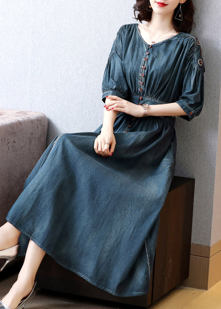 Blue O-neck Wrinkled Tunic Cotton Denim Maxi Dress Long Sleeve Ac2037