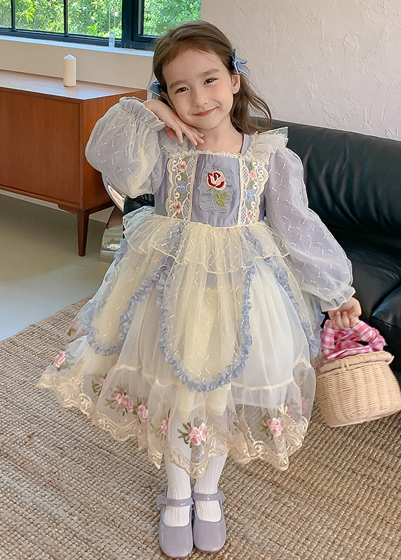 Blue Square Collar Embroideried Tulle Kids Maxi Dress Spring Ye032