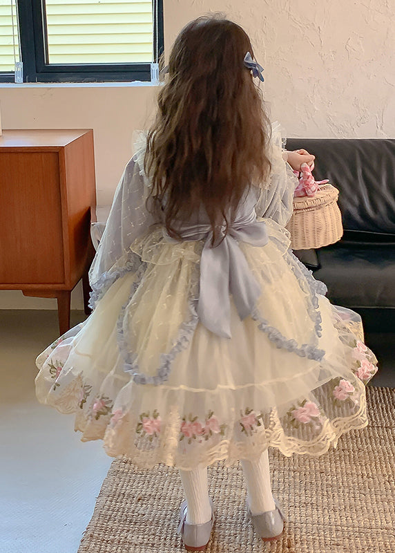 Blue Square Collar Embroideried Tulle Kids Maxi Dress Spring Ye032