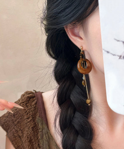 Brown Alloy Gem Stone Petal Tassel Asymmetric Drop Earrings