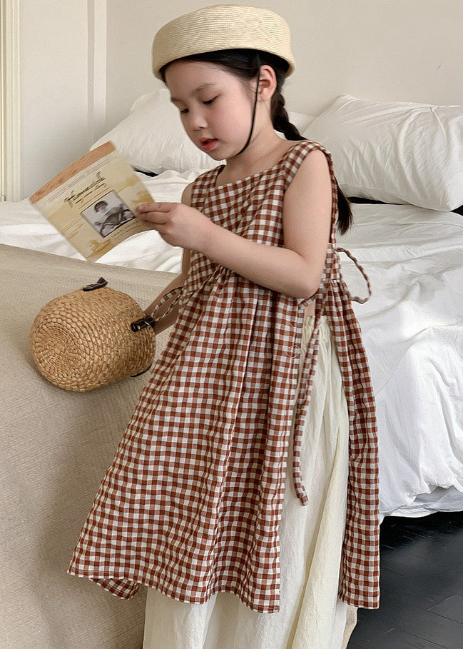Coffee Plaid Square Collar Side Open Tie Waist Cotton Kids Long Dress Summer Gf002