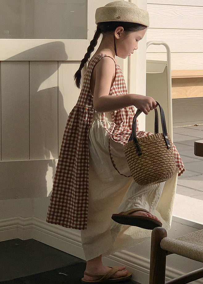 Coffee Plaid Square Collar Side Open Tie Waist Cotton Kids Long Dress Summer Gf002