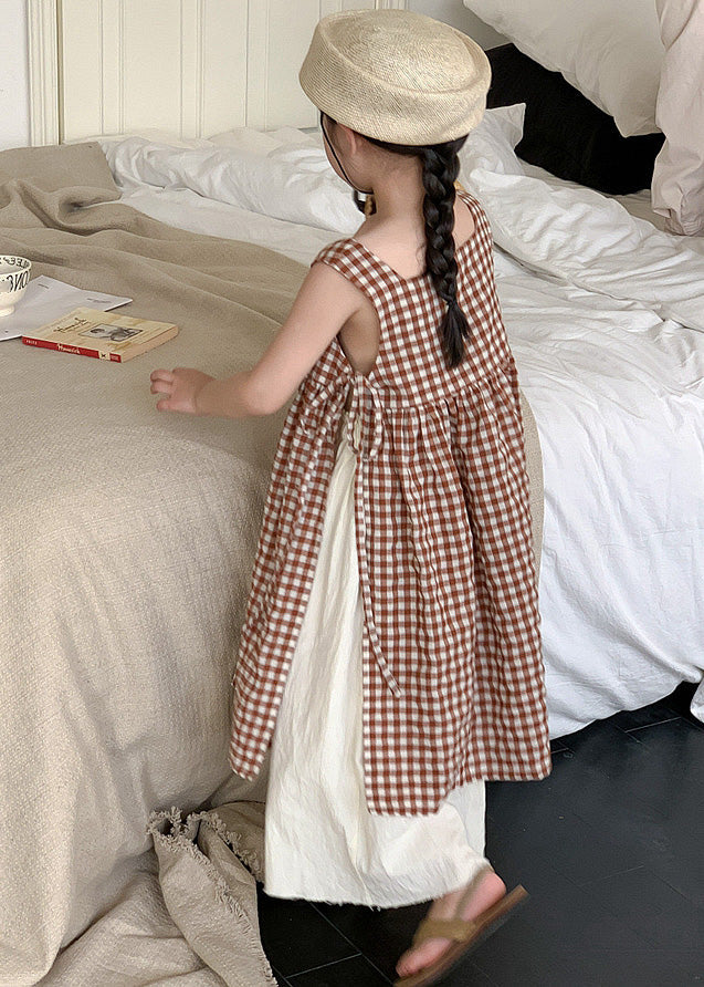 Coffee Plaid Square Collar Side Open Tie Waist Cotton Kids Long Dress Summer Gf002