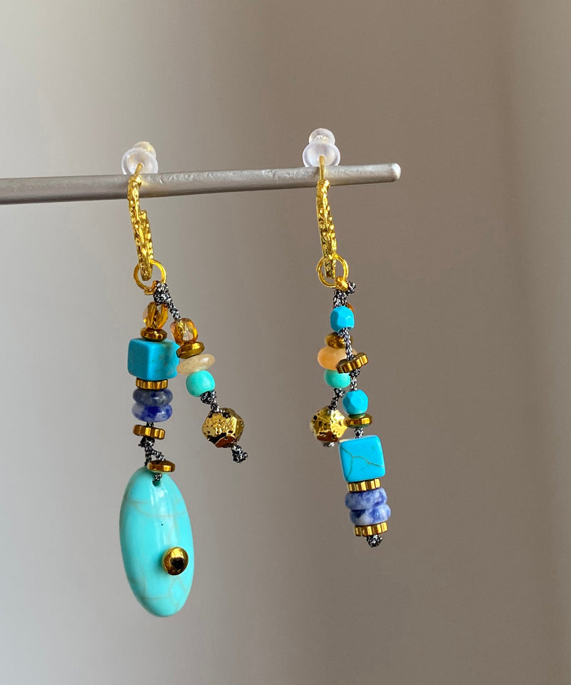 Copper Overgild Asymmetrical Natural Stone Drop Earrings