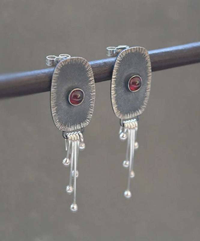 Dark Grey Alloy Oval Gem Stone Tassel Drop Earrings