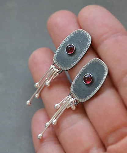 Dark Grey Alloy Oval Gem Stone Tassel Drop Earrings