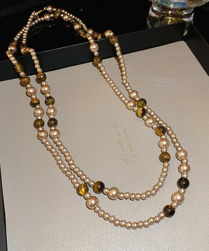 Gold Alloy Pearl Glass Tiger Eye Stone Pendant Necklace