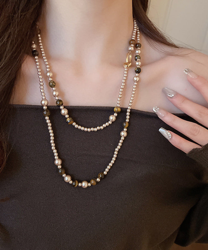 Gold Alloy Pearl Glass Tiger Eye Stone Pendant Necklace