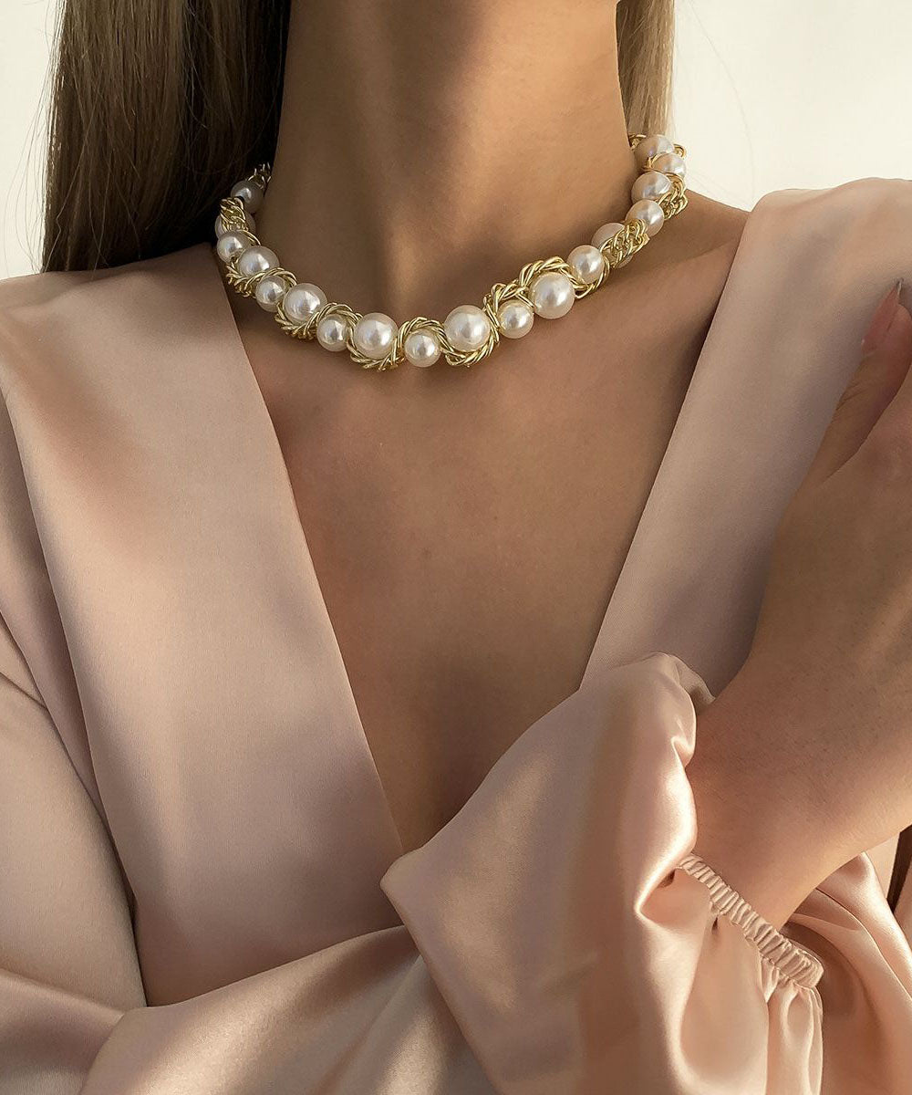 Gold Copper Alloy Pearl Gratuated Bead Necklace