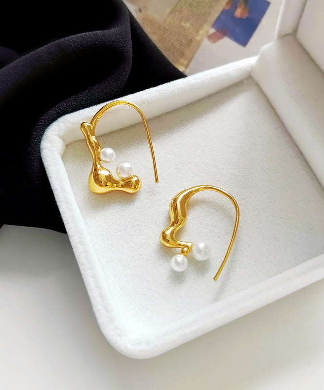 Gold Copper Asymmetrical Pearl Hoop Earrings
