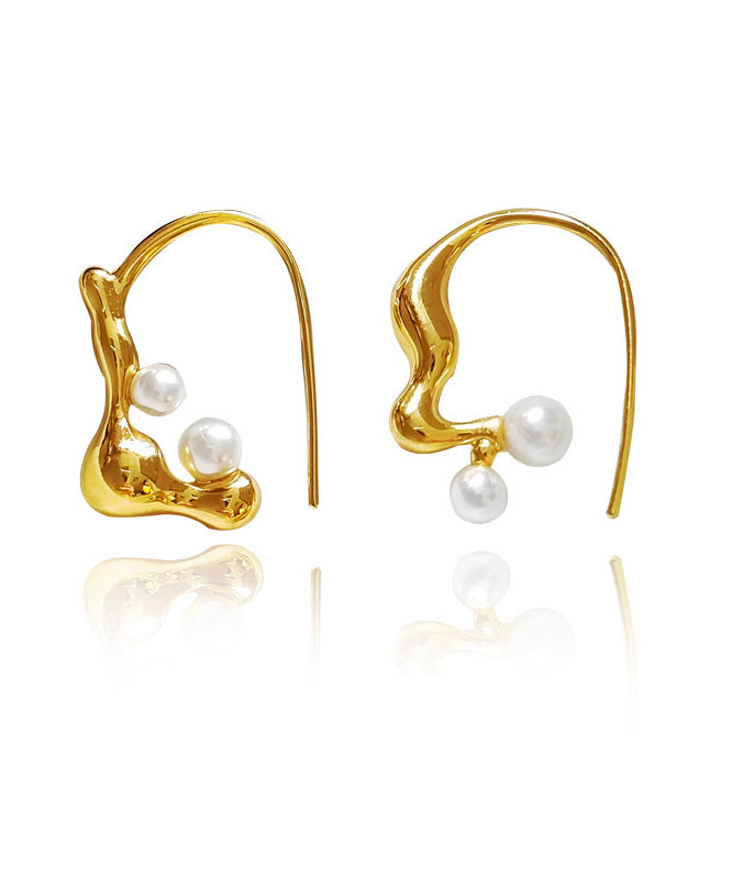 Gold Copper Asymmetrical Pearl Hoop Earrings