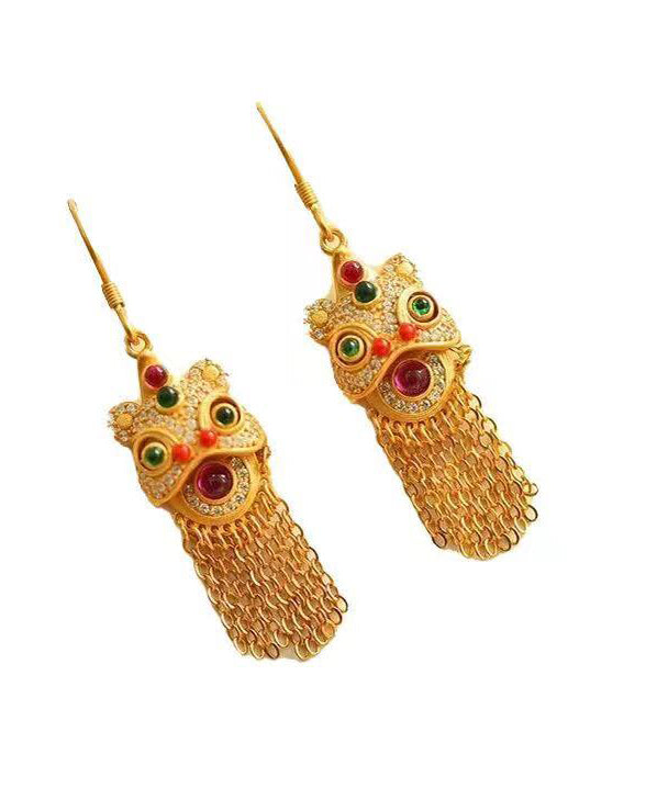 Gold Gem Stone Tassel Silver Drop Earrings