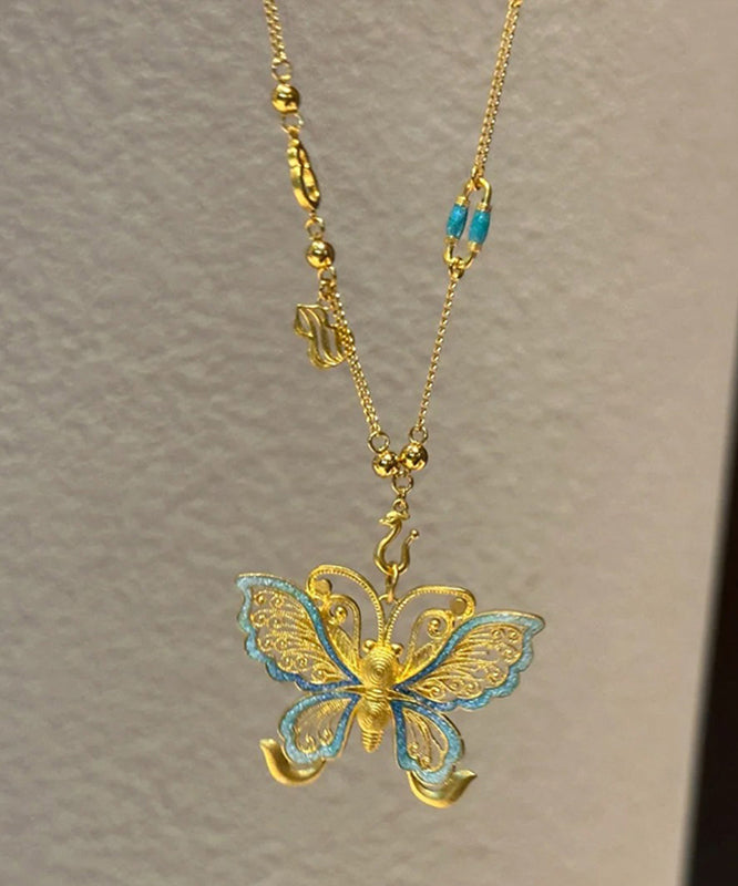 Gold Sterling Silver Overgild Butterfly Hollow Out Pendant Necklace