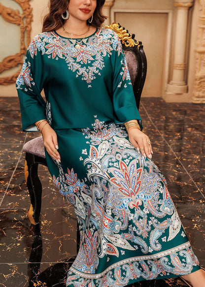 Green O-neck Print Cotton Long Dress Fall Wo046