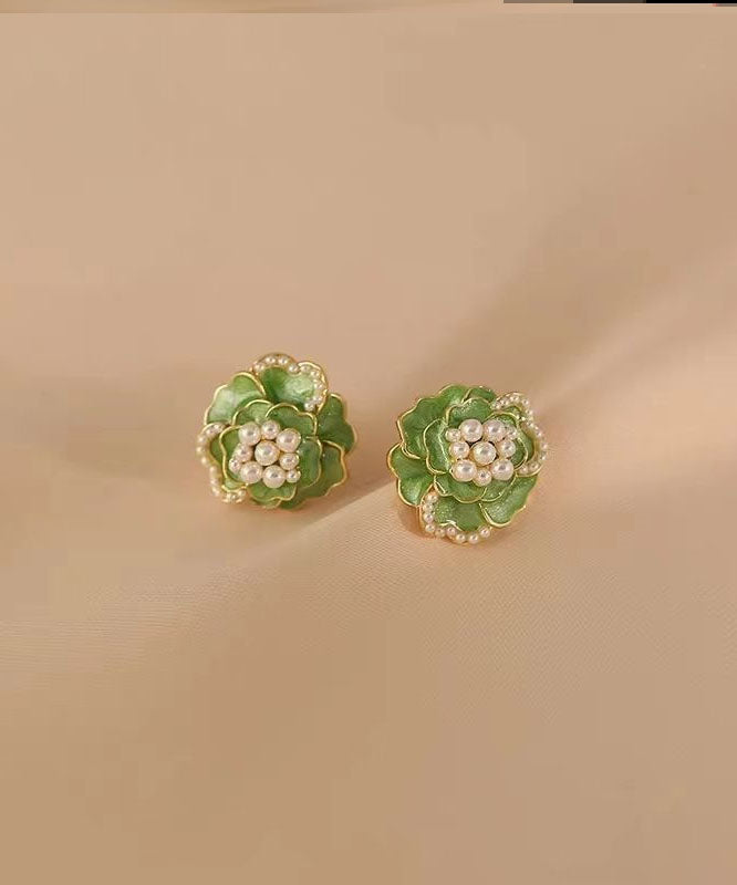 Green Sterling Silver Copper Pearl Stud Earrings Tw1030
