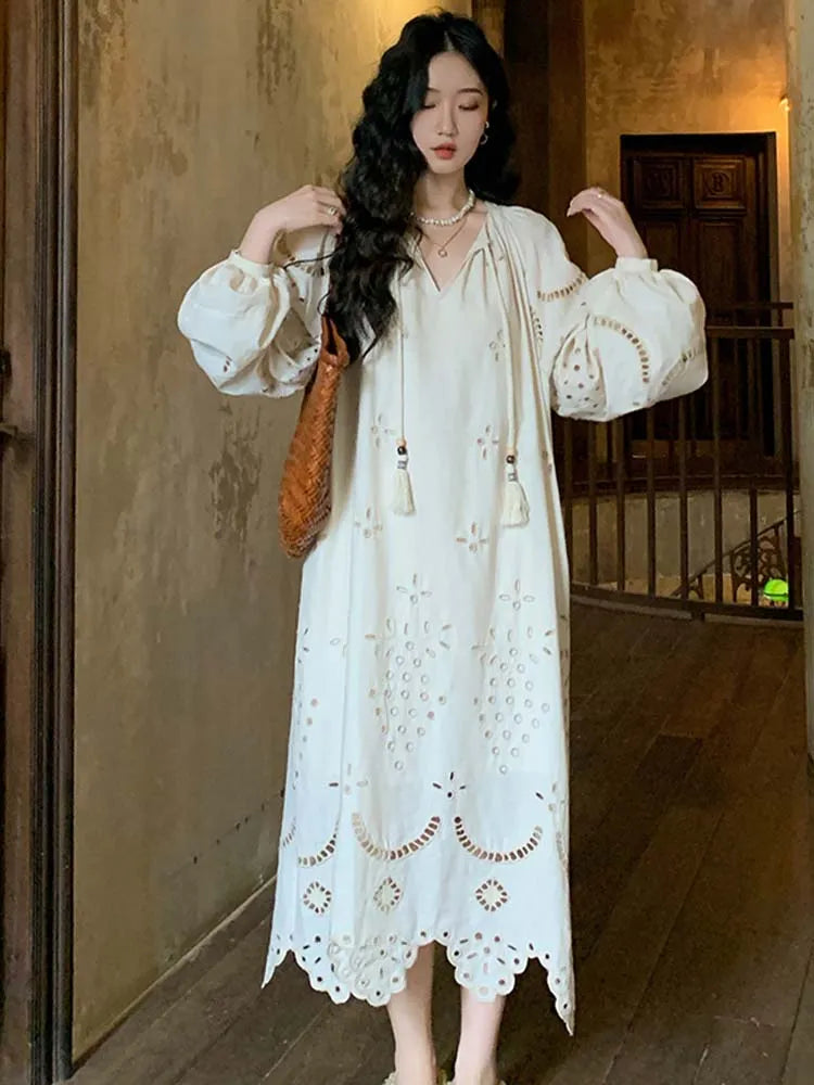 Korean Style Long Sleeve V-neck Hollow Out Maxi Dress