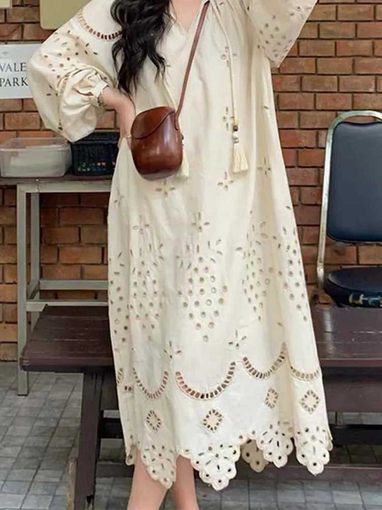 Korean Style Long Sleeve V-neck Hollow Out Maxi Dress