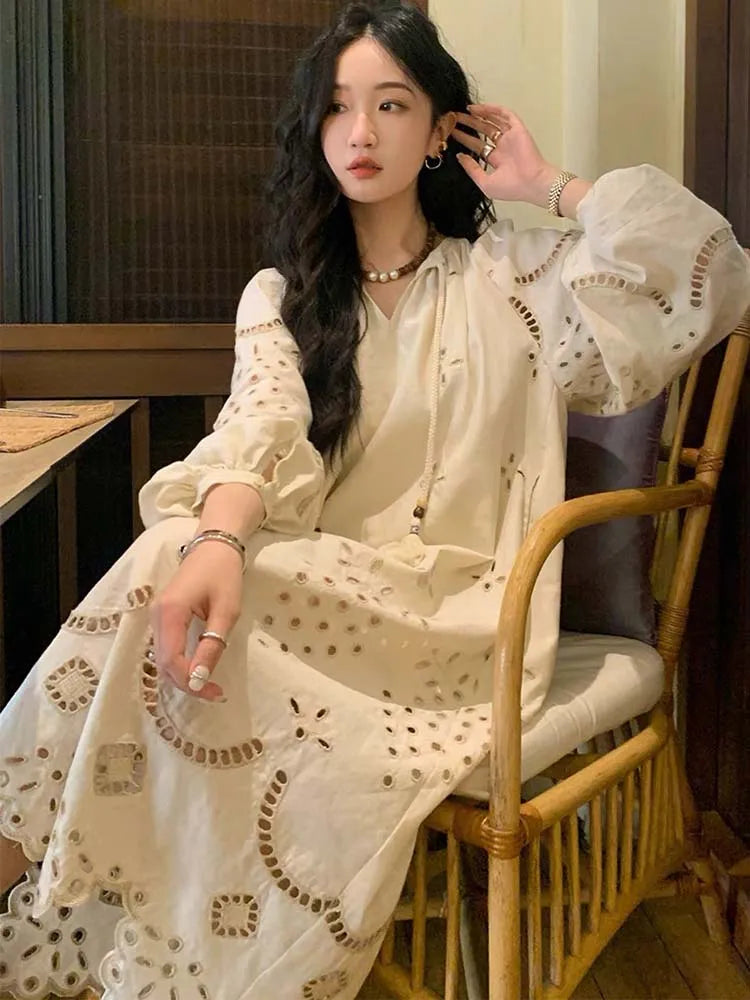 Korean Style Long Sleeve V-neck Hollow Out Maxi Dress
