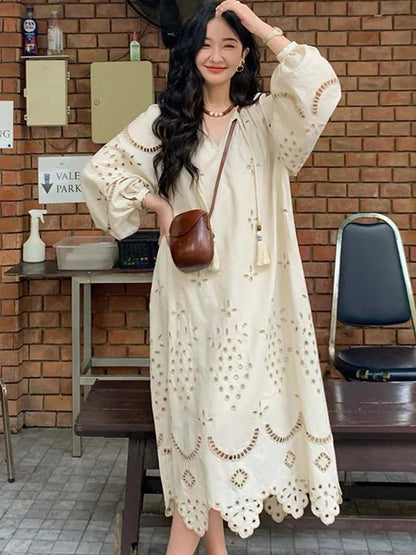 Korean Style Long Sleeve V-neck Hollow Out Maxi Dress