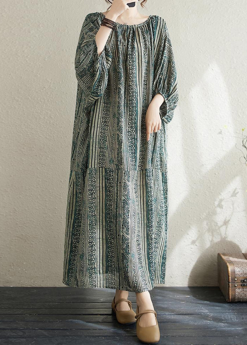 Loose Green O Neck Striped Cotton Long Dress Summer Ap037