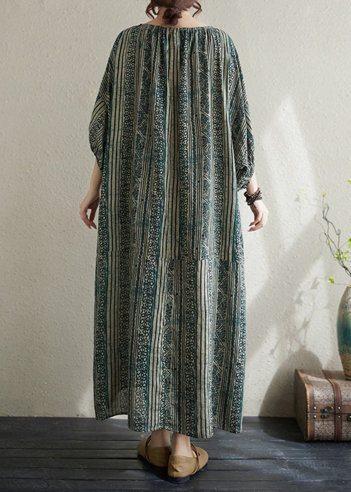 Loose Green O Neck Striped Cotton Long Dress Summer Ap037