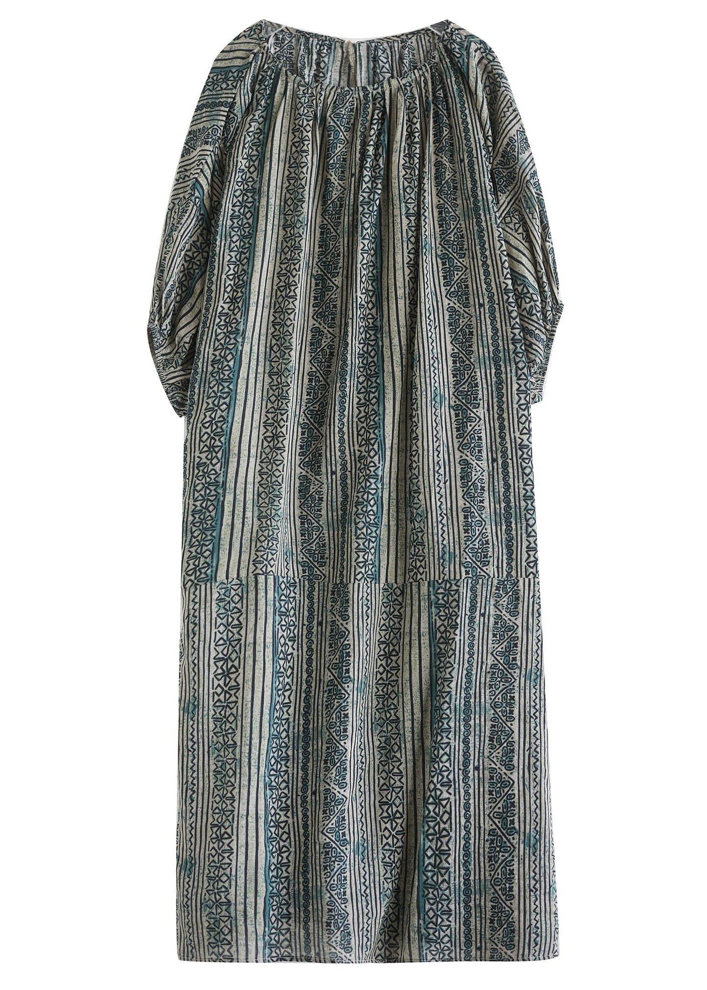 Loose Green O Neck Striped Cotton Long Dress Summer Ap037