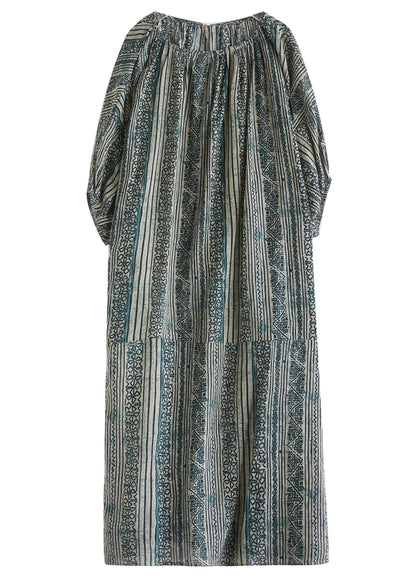 Loose Green O Neck Striped Cotton Long Dress Summer Ap037