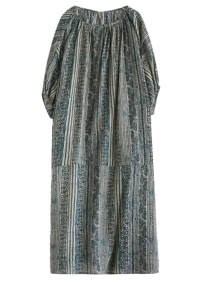 Loose Green O Neck Striped Cotton Long Dress Summer Ap037