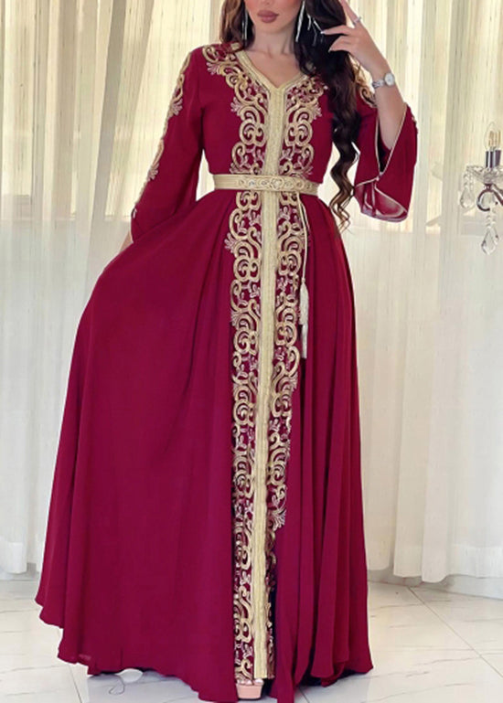 Loose Mulberry Embroidered Patchwork Chiffon Maxi Dress Fall Ql042