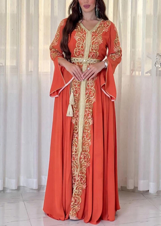 Loose Mulberry Embroidered Patchwork Chiffon Maxi Dress Fall Ql042