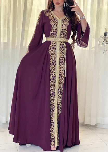 Loose Mulberry Embroidered Patchwork Chiffon Maxi Dress Fall Ql042