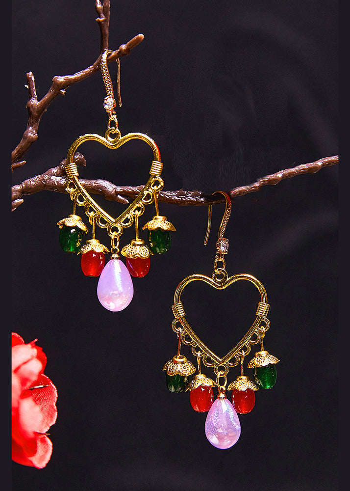 Multicolour Beads Heart-shaped Tassels Drop Earrings