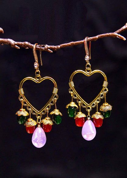 Multicolour Beads Heart-shaped Tassels Drop Earrings