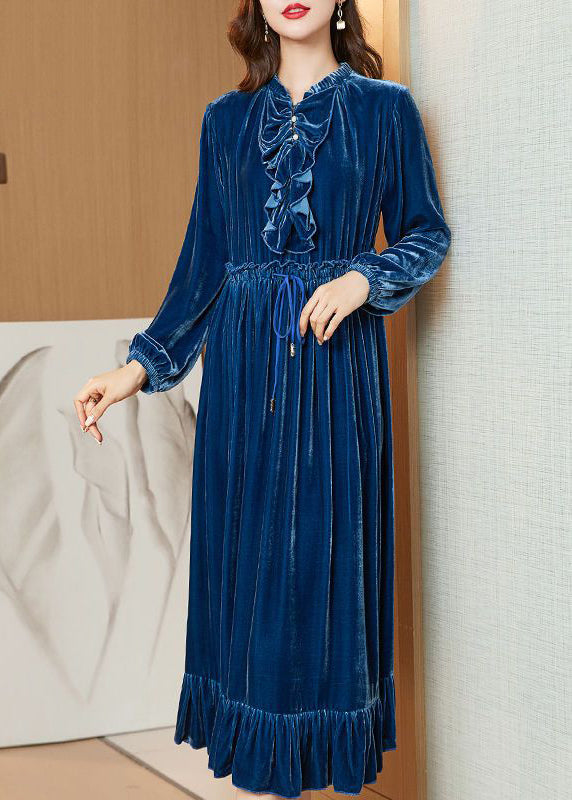Navy Cinched Patchwork Ruffles Silk Velour Long Dress Ac3001