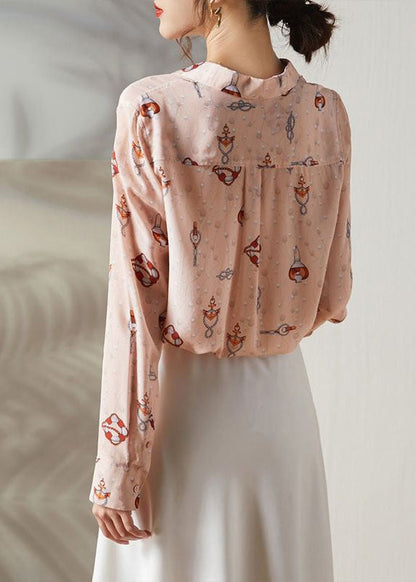 Pink Peter Pan Collar Print Silk Blouses Spring Ly0087